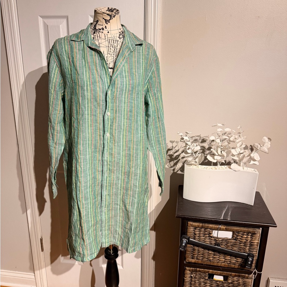 NWOT Frank & Eileen Hunter Stripe Step Hem Linen & Cotton Shirtdress colorful L - Picture 2 of 9